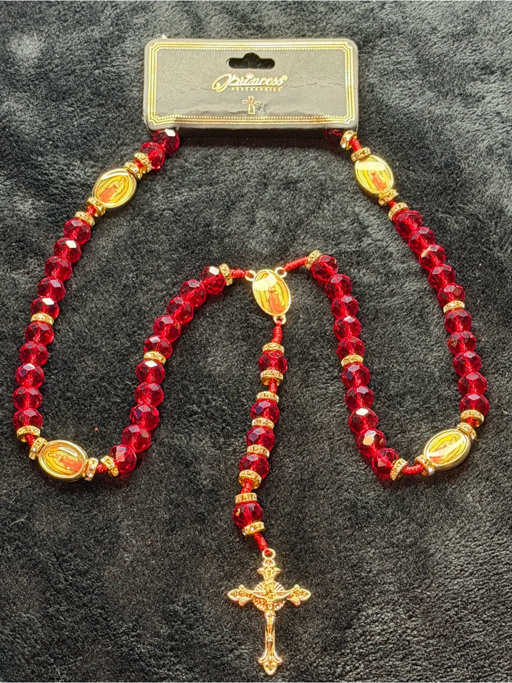 Red Crystal Rosary Necklace with Gold Cross